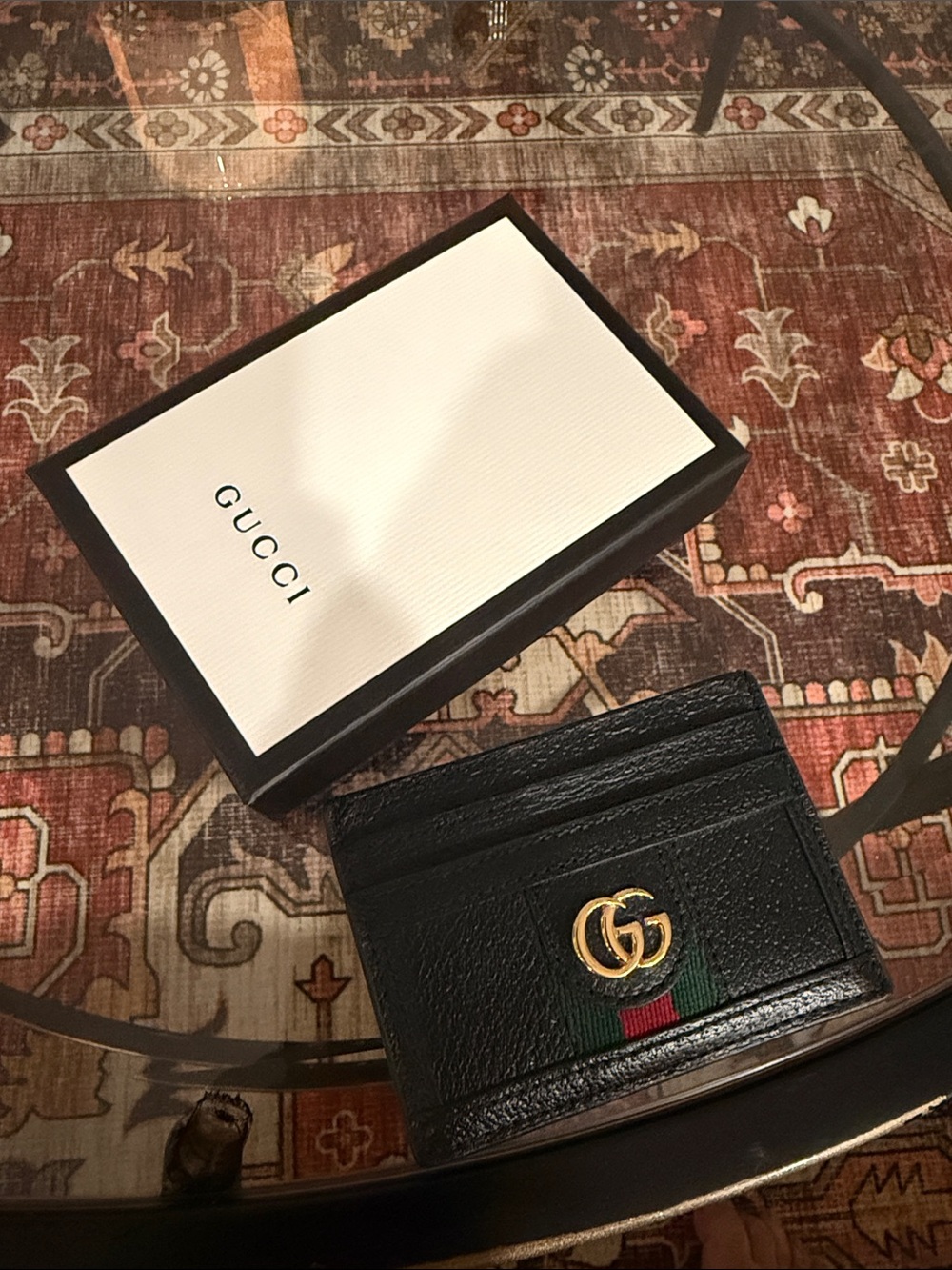 Gucci Black Leather Card Holder with Green-Red Web and Gold GG Logo